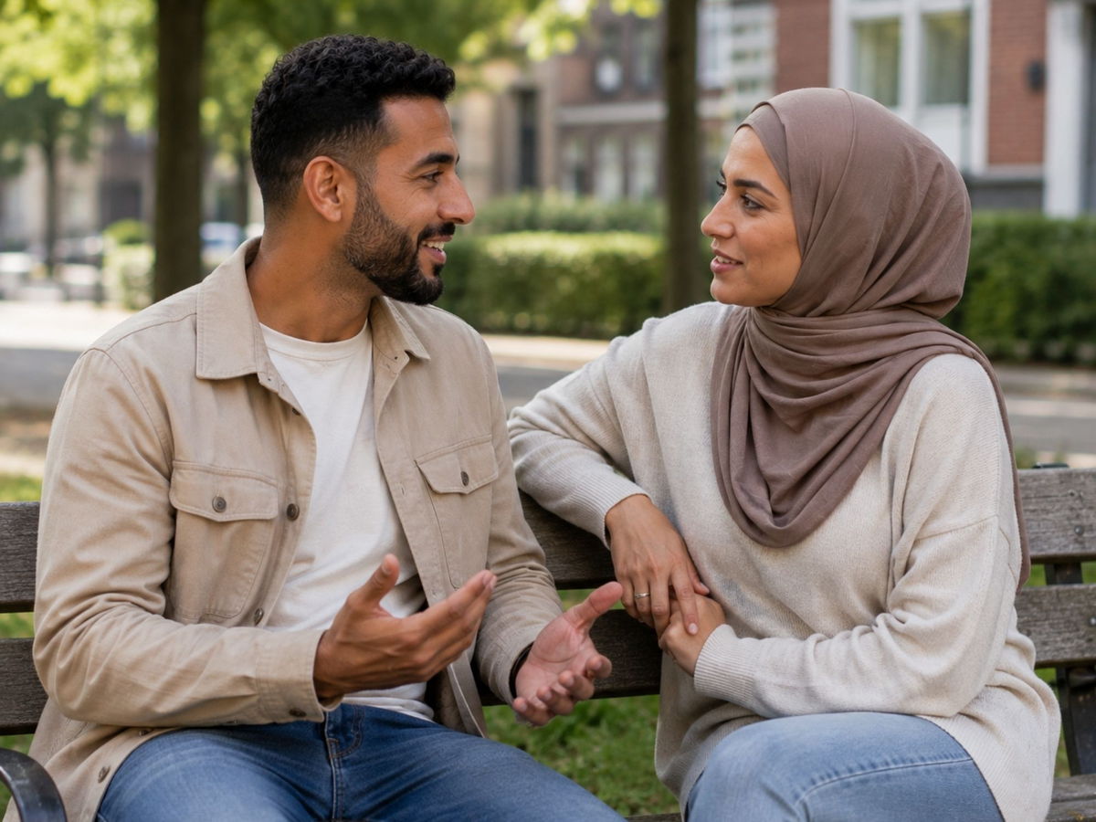 Stel zit naast elkaar op een bankje buiten in gesprek
