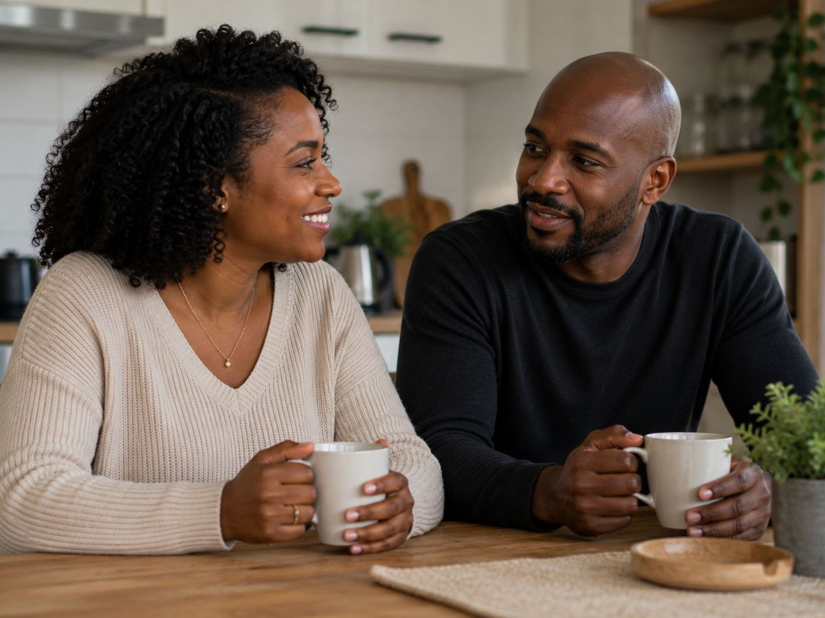 Stel aan de keukentafel met koffie, van iets verder weg.