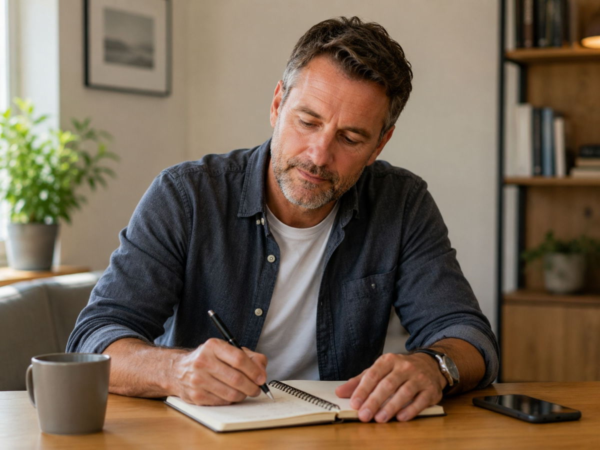 Man schrijft iets op in een notitieboekje aan tafel.