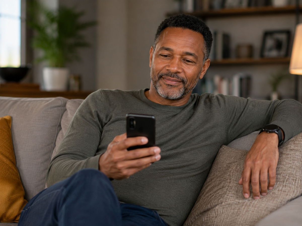 Man leest thuis op de bank iets op zijn telefoon