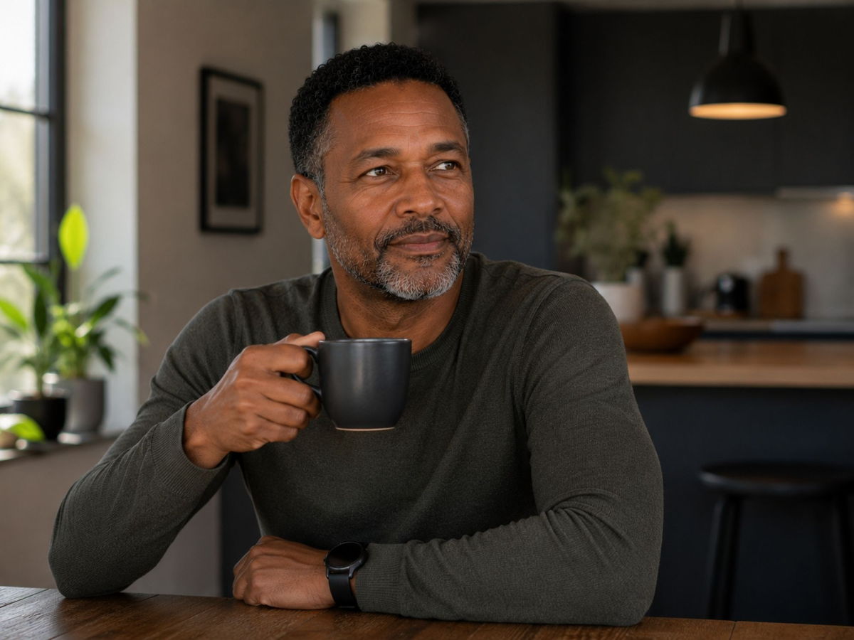 Man met een kop koffie aan de keukentafel.