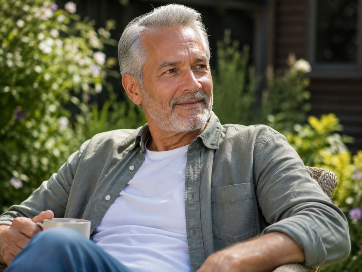 Man 65-75, buiten of in de tuin, waardig en vitaal.
