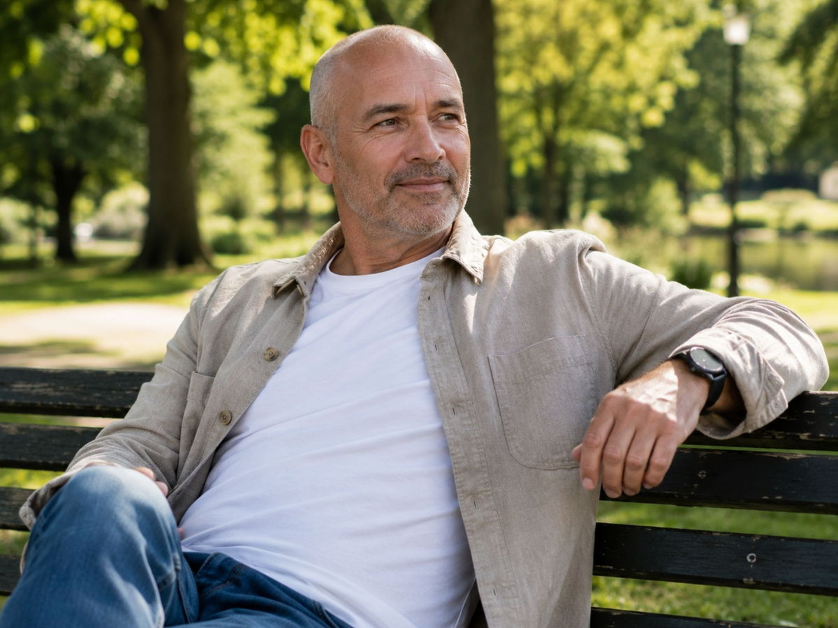 Man zit op een bank in het park, van een afstand.