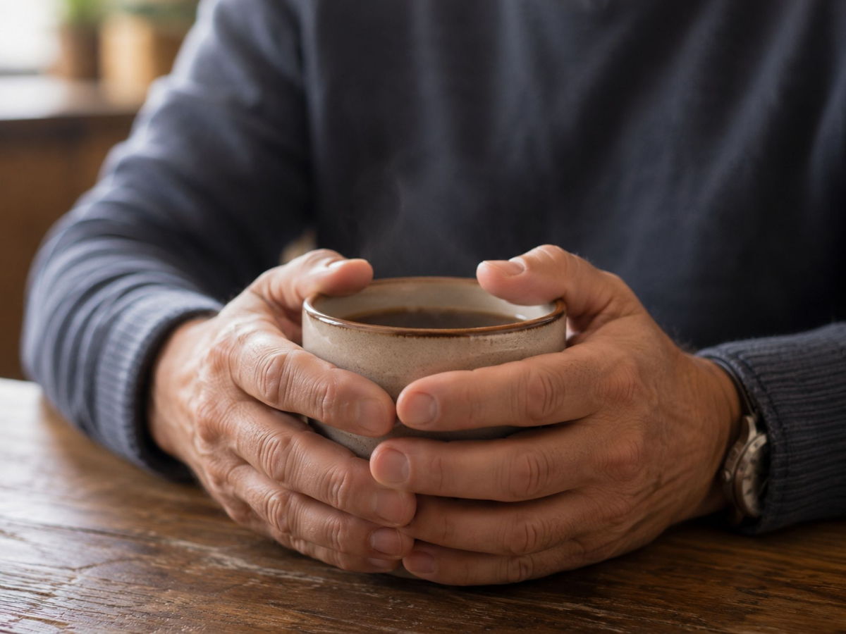 Handen om een kop koffie aan tafel, gezicht half in beeld.