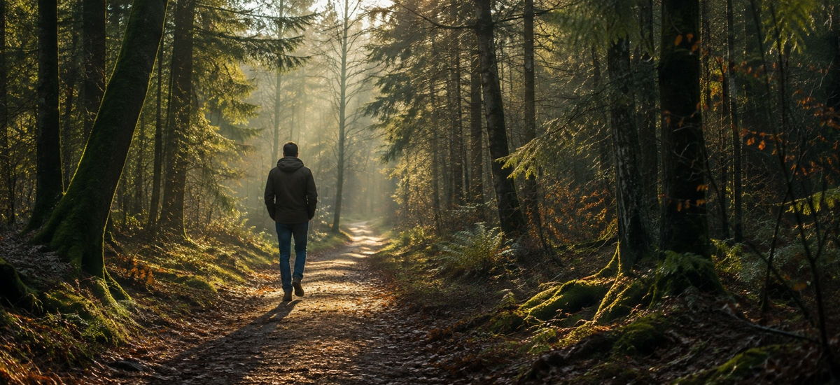 Man wandelt alleen door het bos