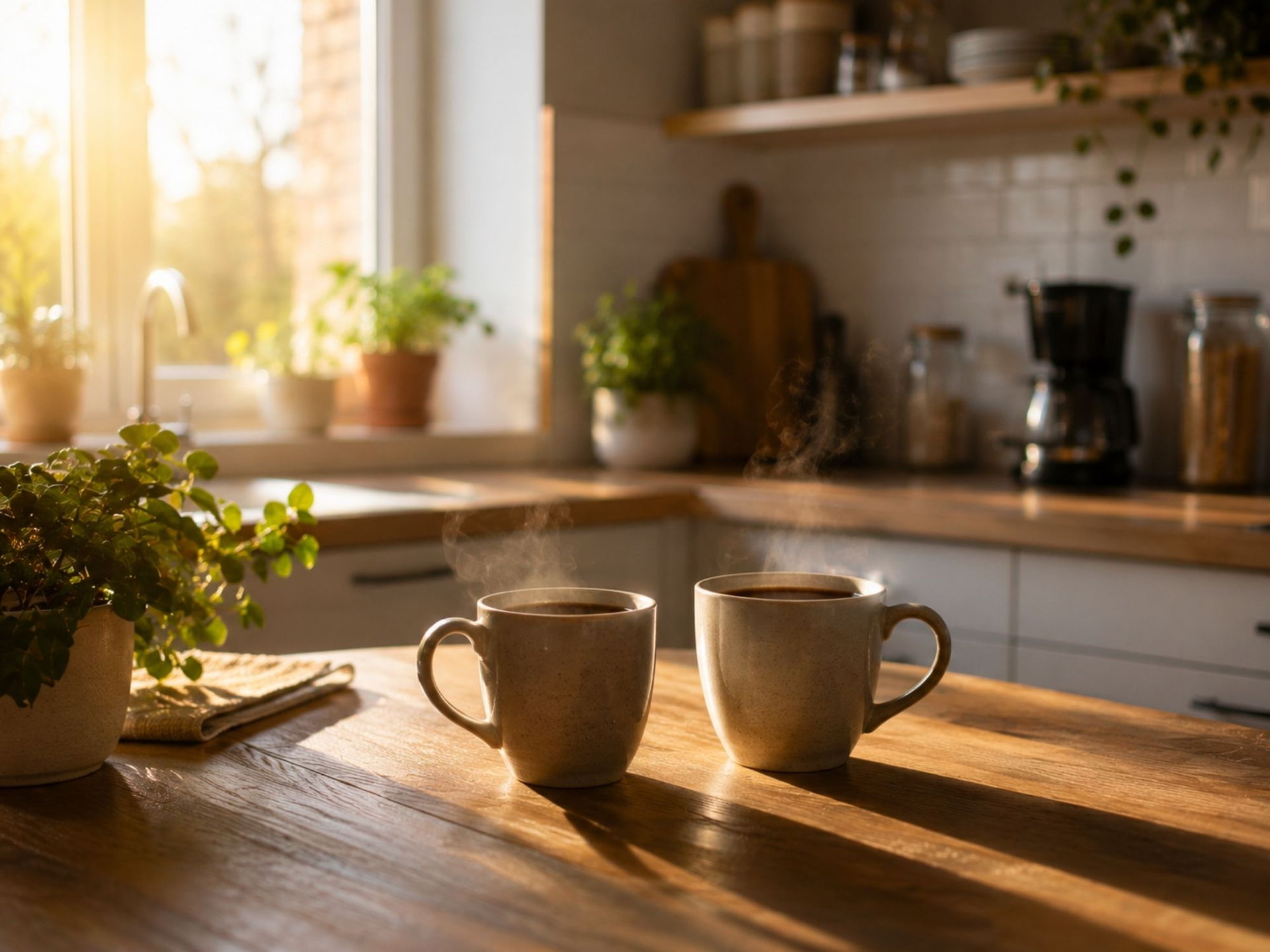 Ochtendlicht in een keuken, twee koppen koffie op het aanrecht.