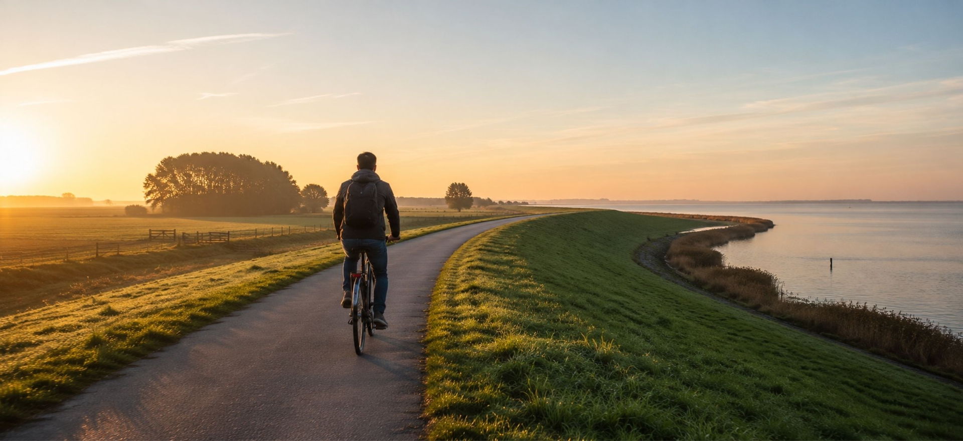 Man fietst over een dijk in de vroege avond.
