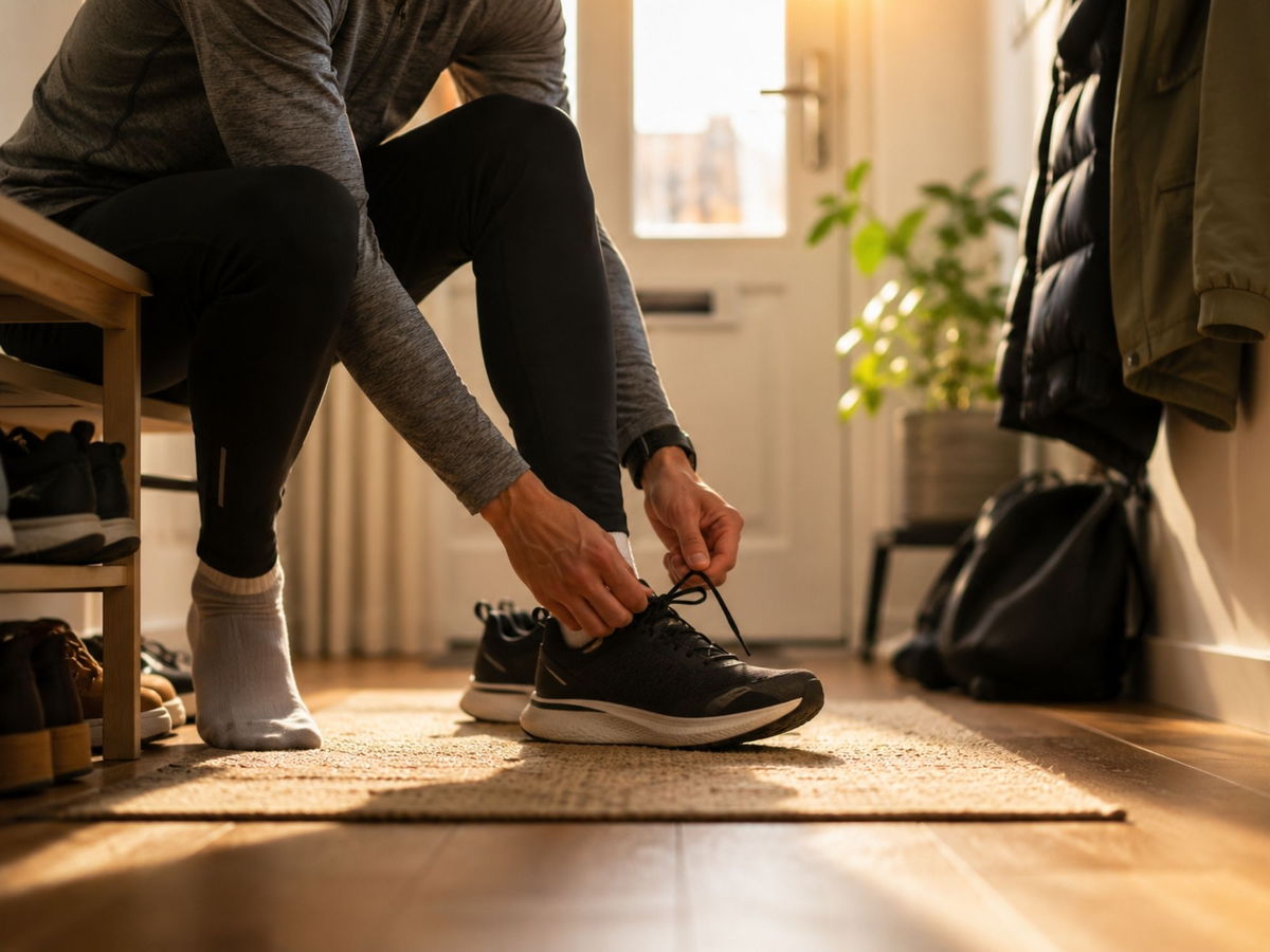 Hardloopschoenen aandoen in de gang.