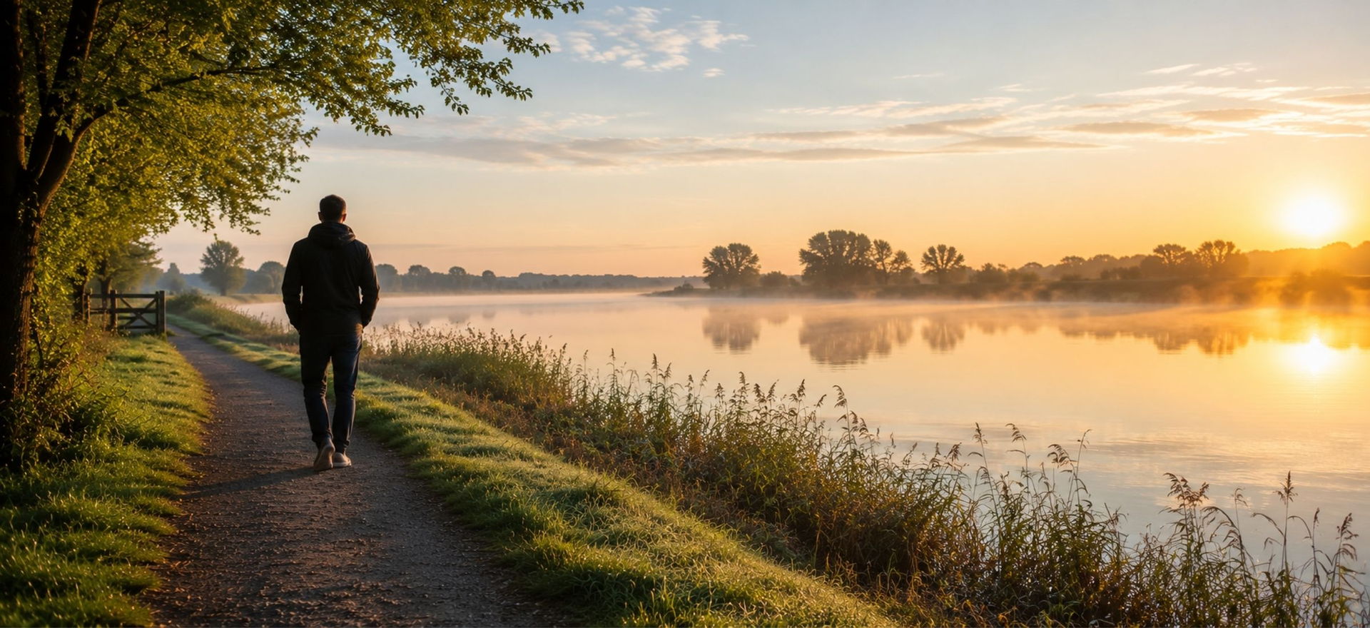 Man wandelt in de ochtend langs het water