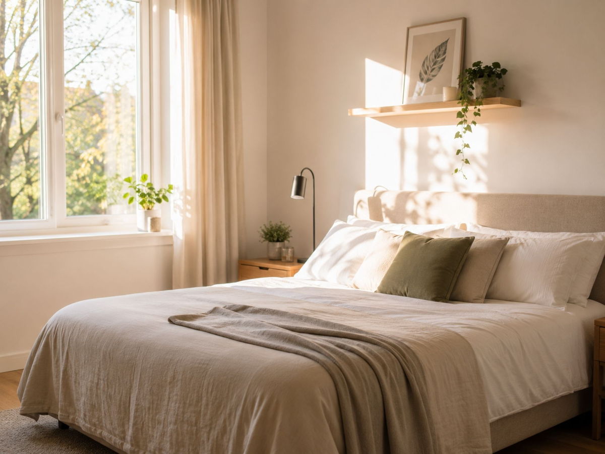Slaapkamer bij ochtendlicht met een opgemaakt bed
