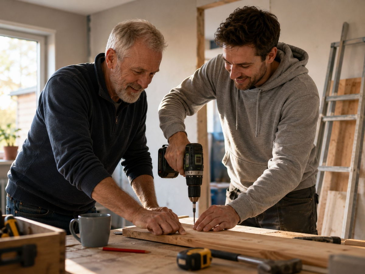 Twee mannen van verschillende leeftijd klussen samen.
