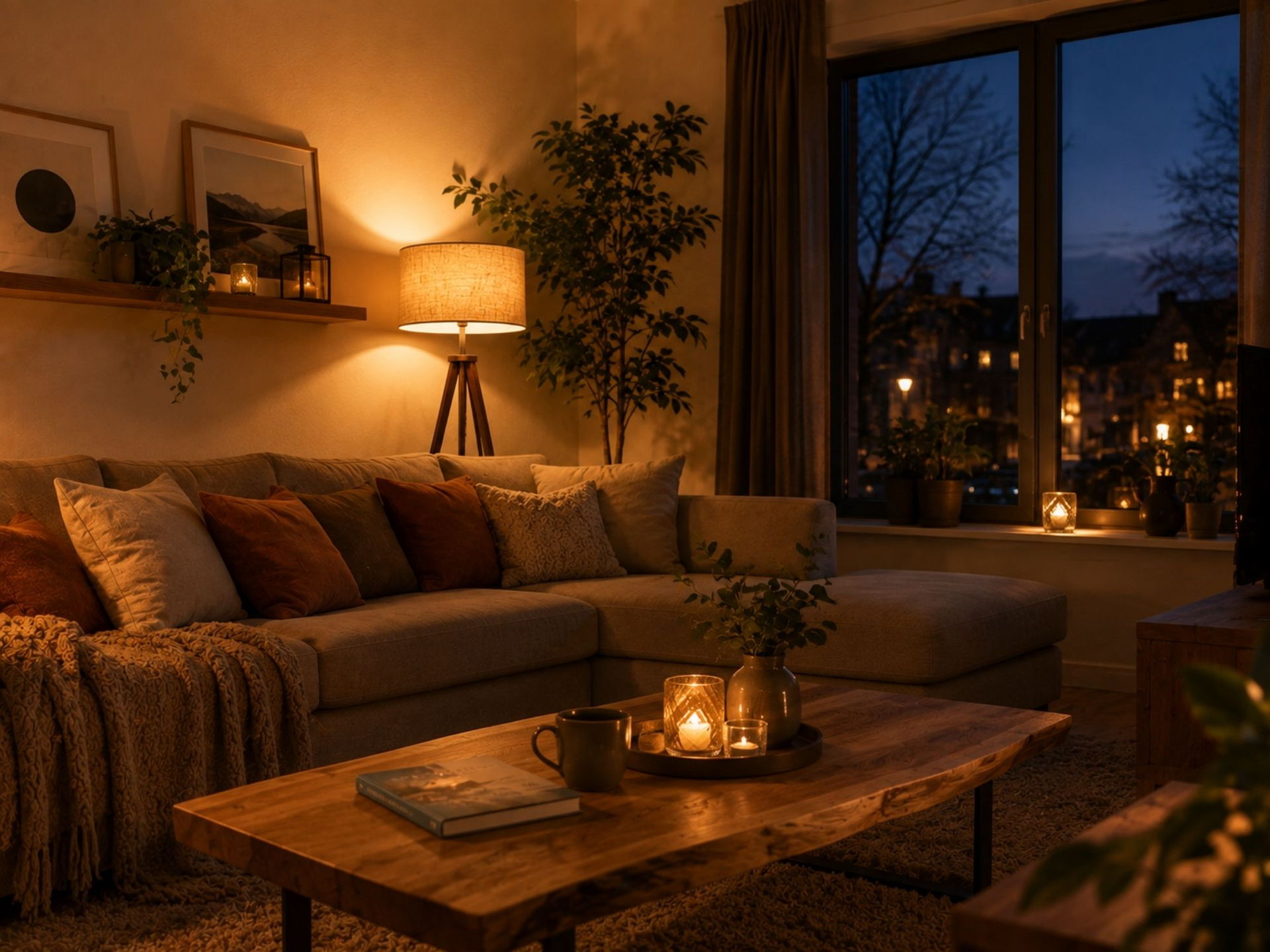 Huiskamer in de avond, warm licht