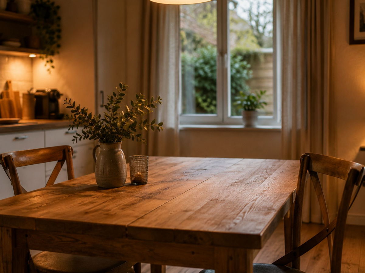 Lege keukentafel met twee stoelen bij ochtendlicht