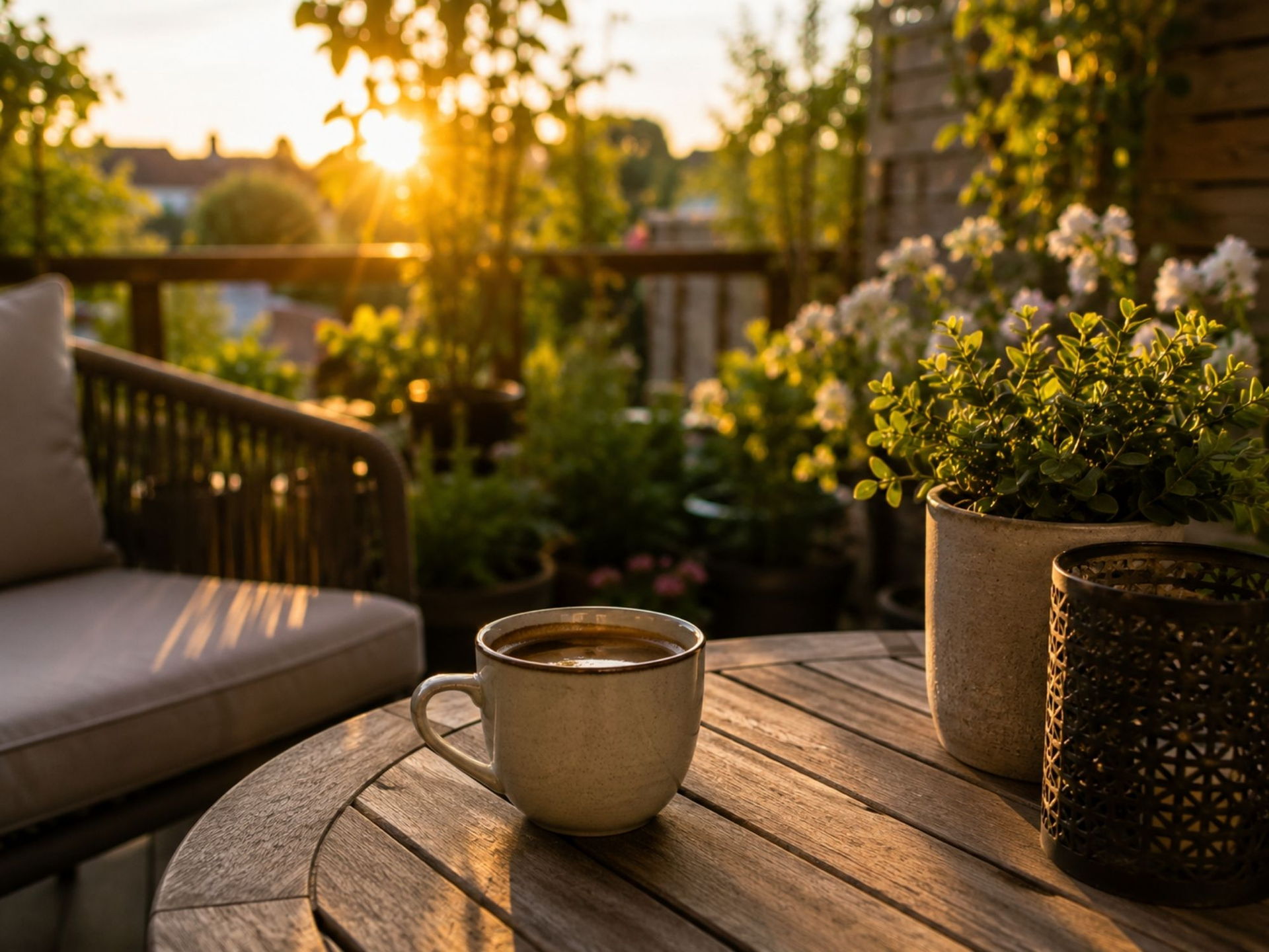 Tuin in de ochtend met een kop koffie op tafel