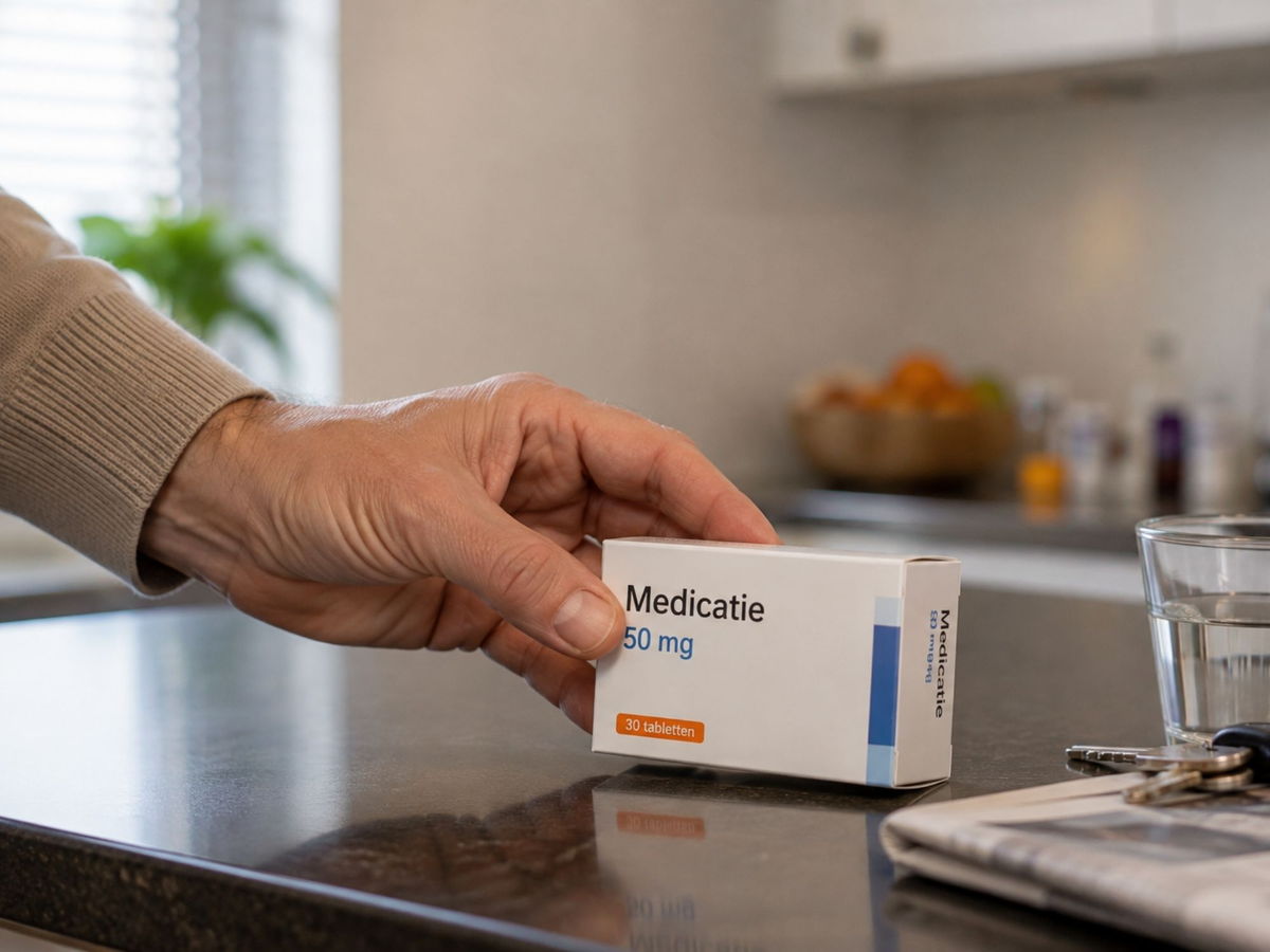 Doosjes medicijnen op een aanrecht, hand pakt er een. Geen losse pillen.