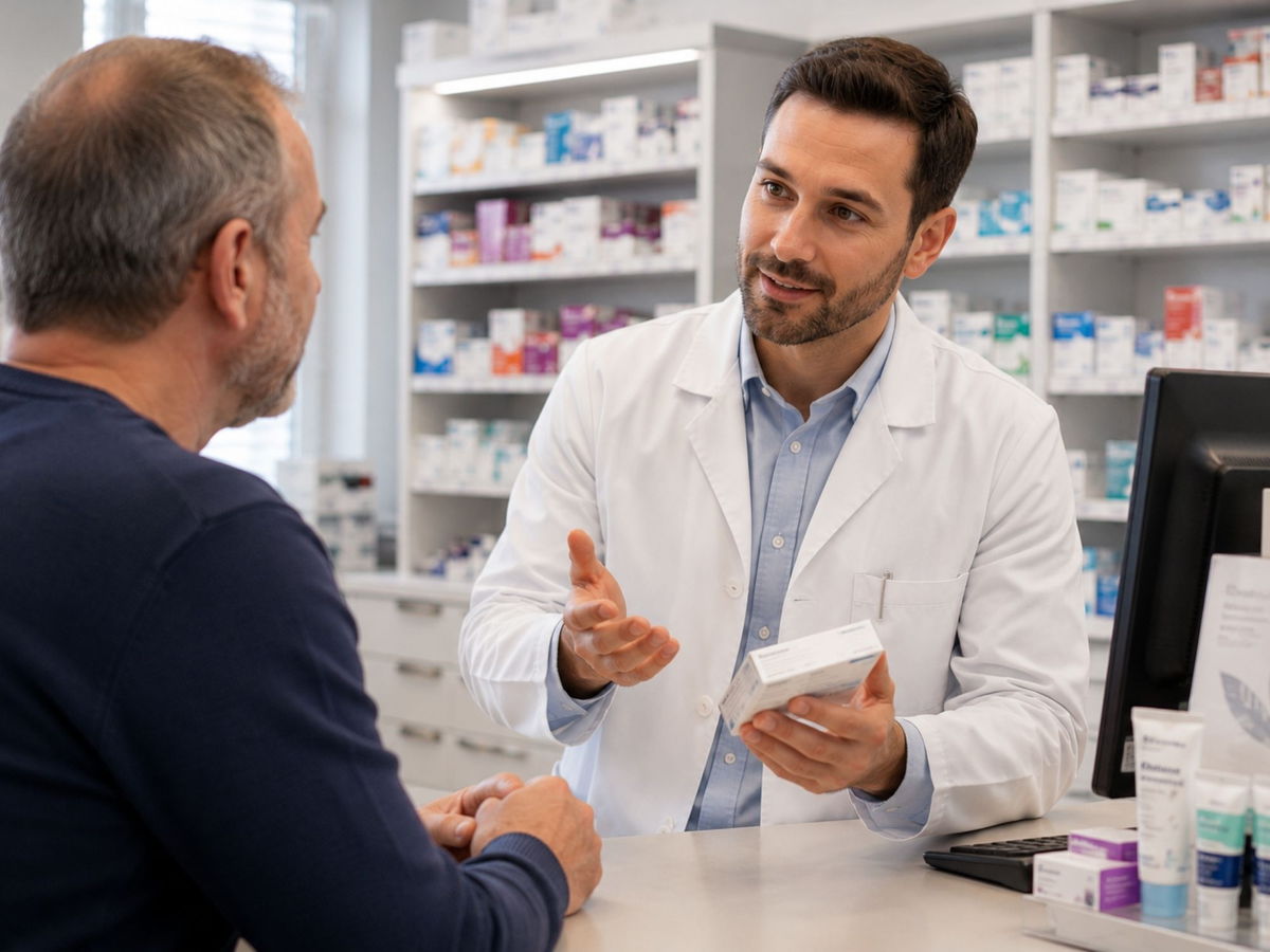 Apotheker aan de balie in gesprek met een klant.