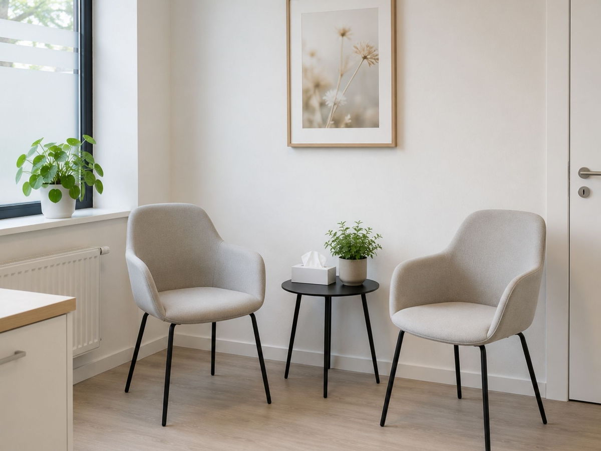 Twee stoelen tegenover elkaar in een lichte praktijkruimte